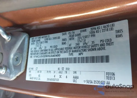 2017 Ford Escape Se z USA, uszkodzony, nr VIN 1FMCU0GD6HUA40450